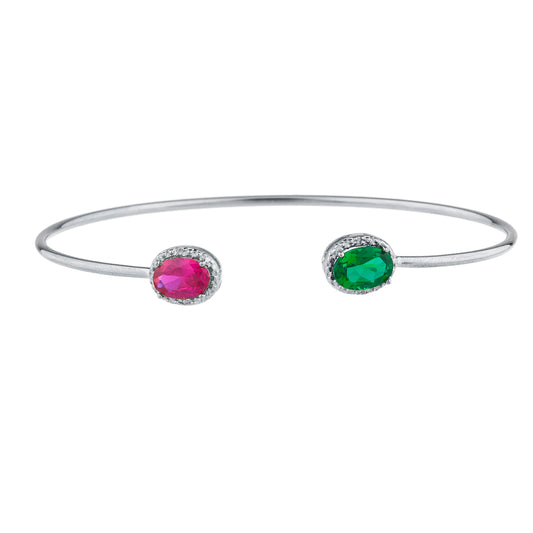 Created Ruby & Emerald Diamond Bangle Oval Bracelet .925 Sterling Silver Rhodium Finish