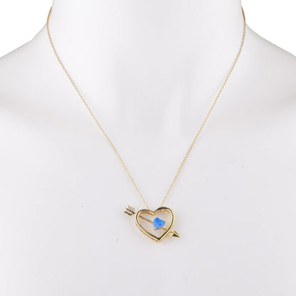 14Kt Gold Blue Opal Heart Bow & Arrow Pendant Necklace