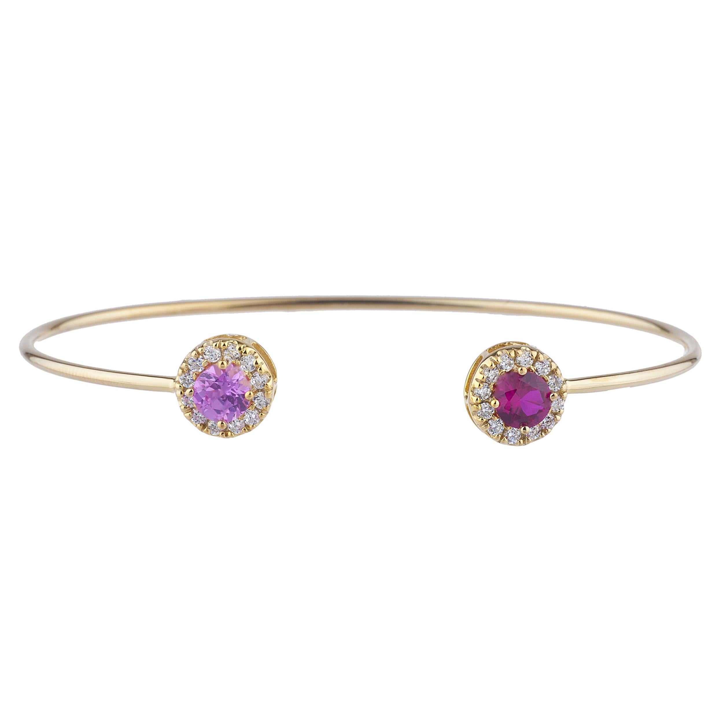 1 Ct Pink Sapphire Halo Design Round Bangle Bracelet 14Kt Yellow Gold Rose Gold Silver
