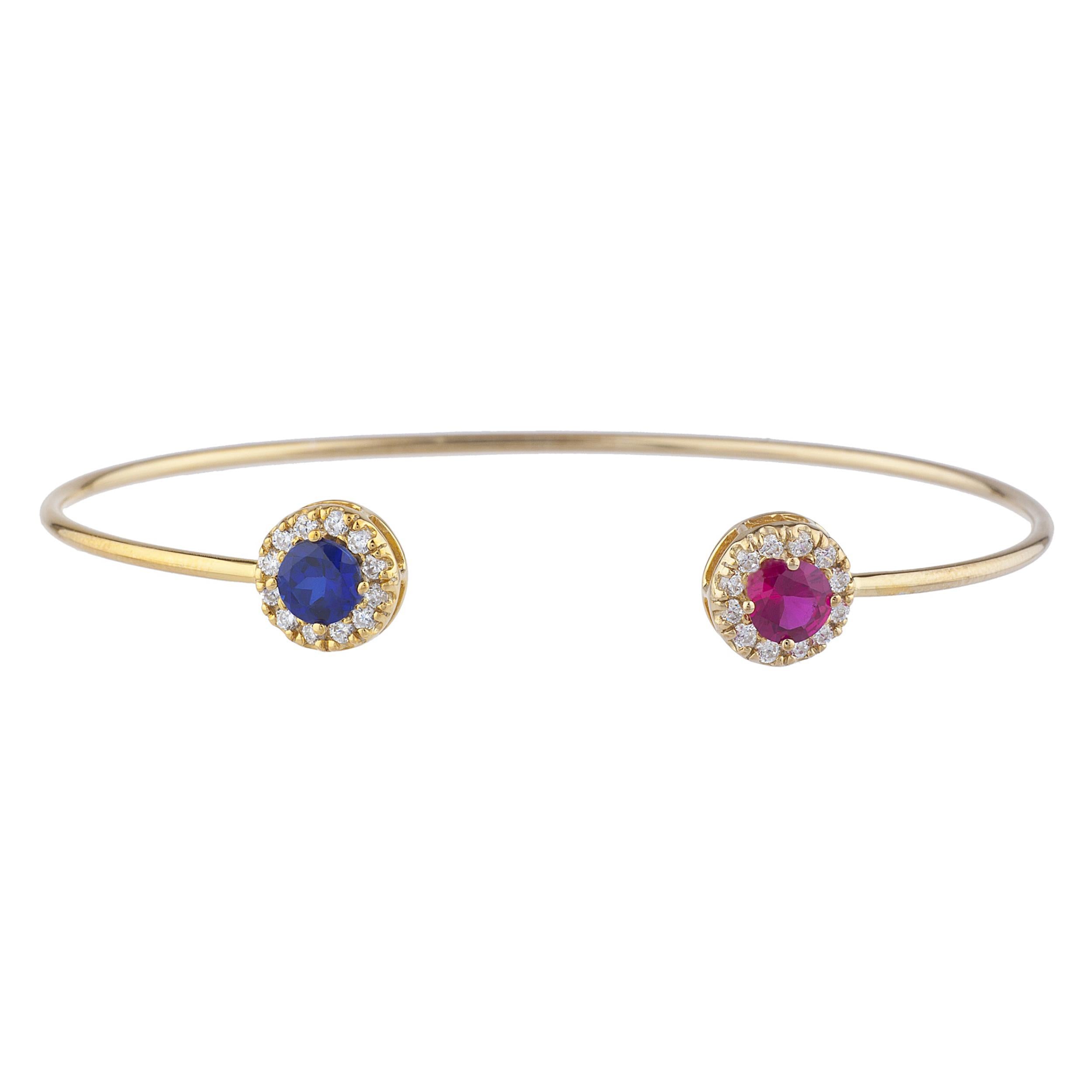 1 Ct Blue Sapphire & Ruby Halo Design Round Bangle Bracelet 14Kt Yellow Gold Rose Gold Silver