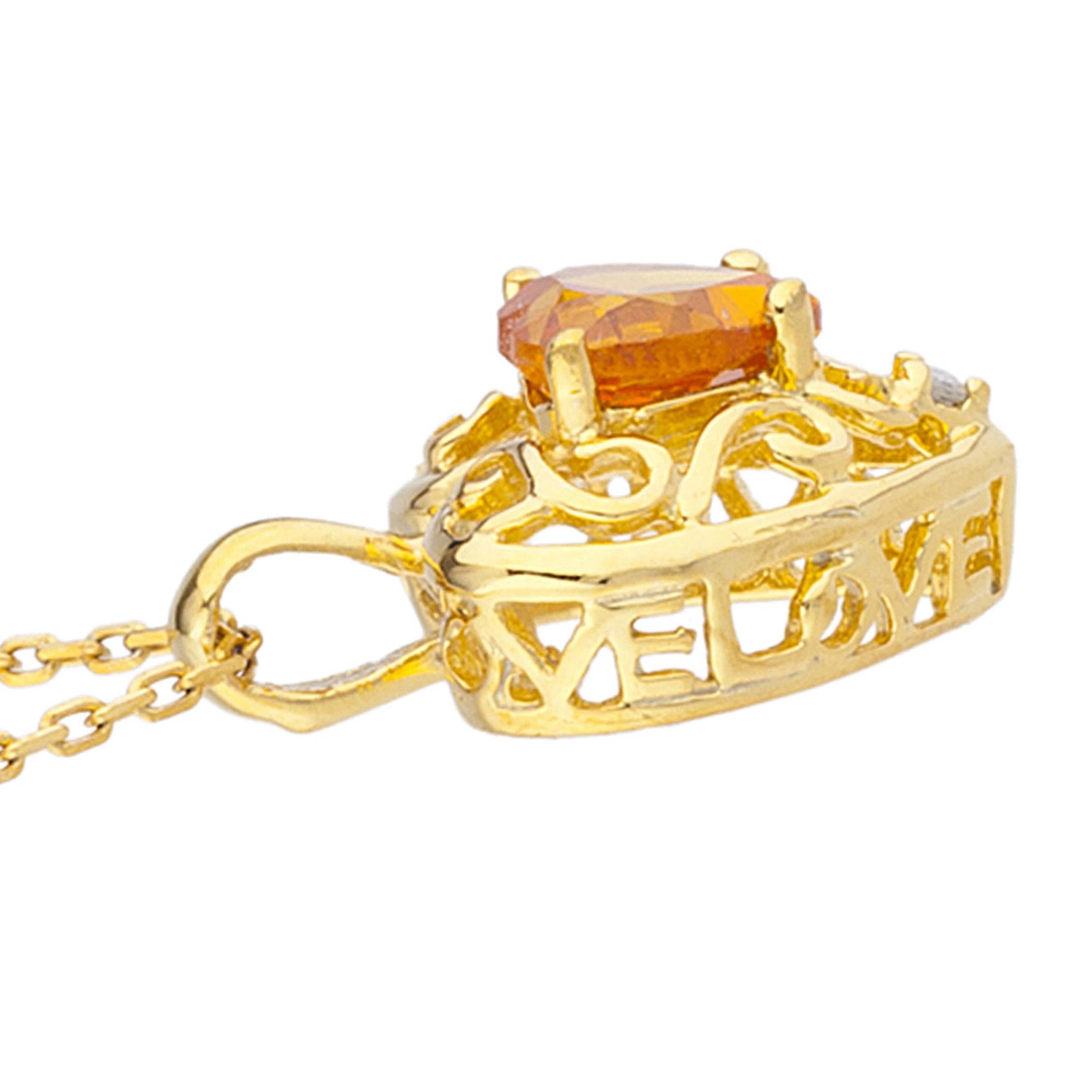 14Kt Gold Orange Citrine & Diamond Heart LOVE ENGRAVED Pendant Necklace