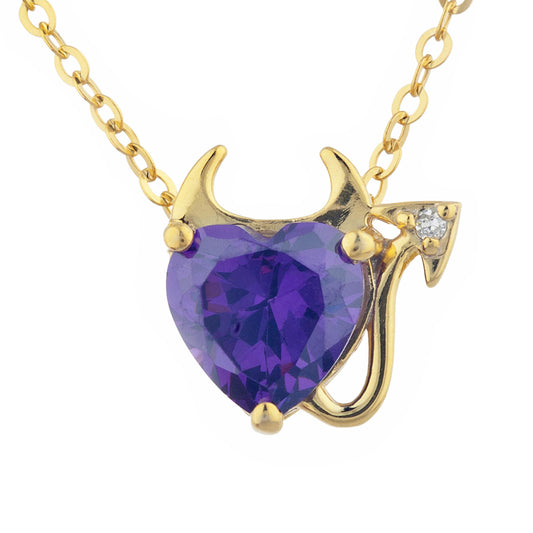 14Kt Gold 1.5 Ct Amethyst & Diamond Devil Heart Pendant Necklace