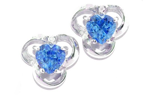 1 Ct London Blue Topaz Heart Diamond Stud Earrings .925 Sterling Silver