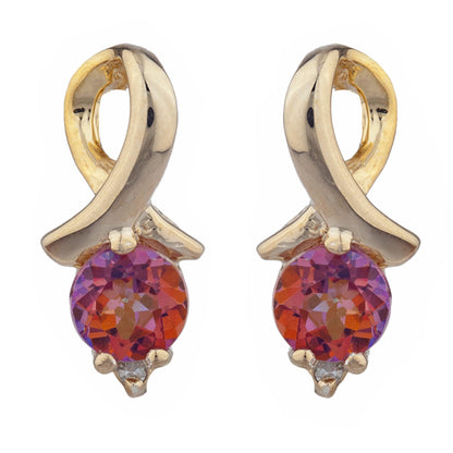 14Kt Gold Natural Ecstasy Mystic Topaz & Diamond Round Design Stud Earrings