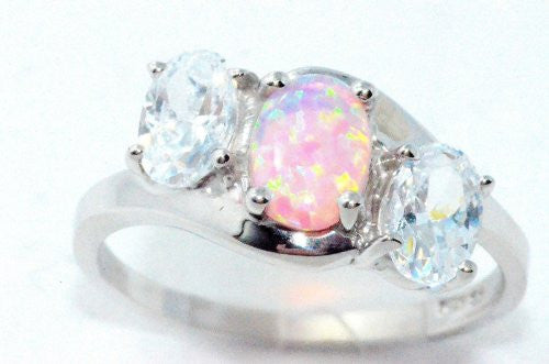 7x5mm Pink Opal & Zirconia Oval Ring .925 Sterling Silver Rhodium Finish