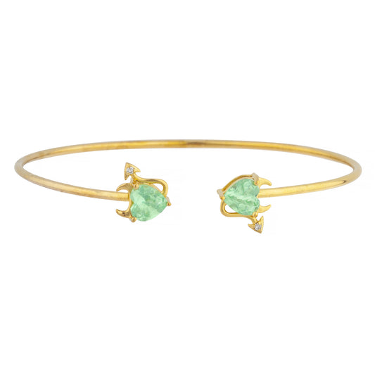 Green Sapphire & Diamond Devil Heart Bangle Bracelet 14Kt Yellow Gold Rose Gold Silver