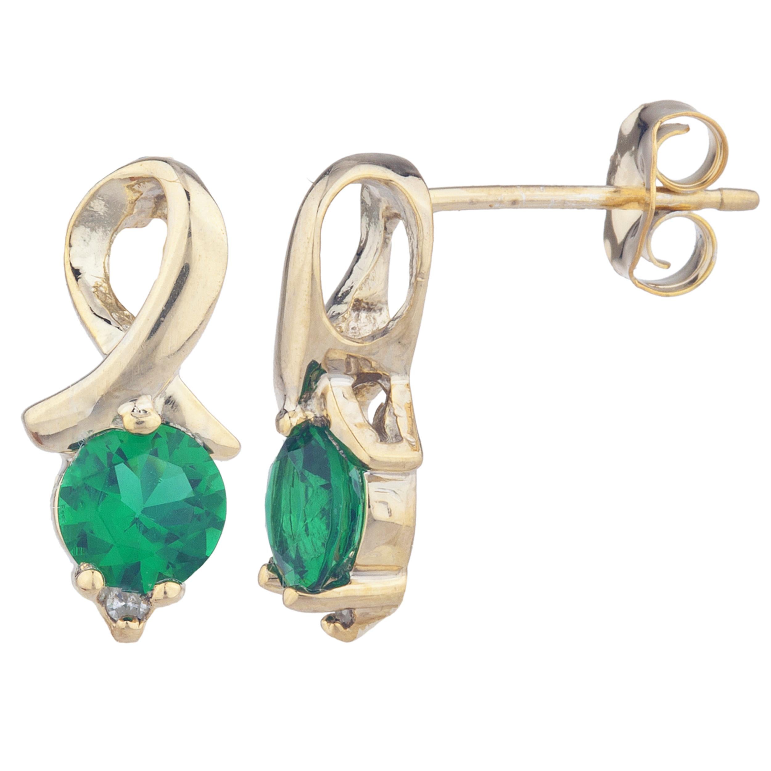 14Kt Gold Emerald & Diamond Round Design Stud Earrings