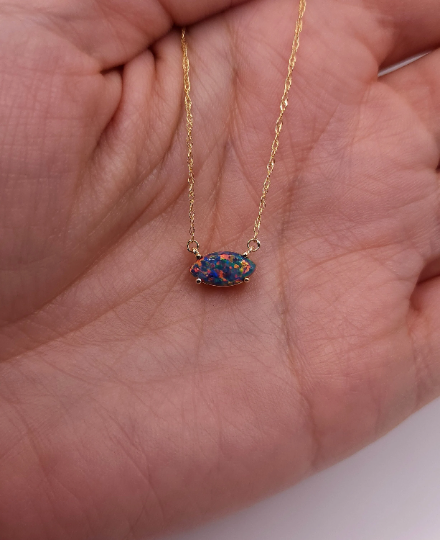 14Kt Gold Black Opal Marquise Pendant Necklace