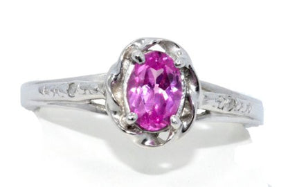 0.50 Ct Pink Sapphire & Diamond Oval Ring .925 Sterling Silver Rhodium Finish