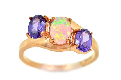 1.5 Ct Pink Opal & Amethyst Oval Ring 14Kt Rose Gold Plated