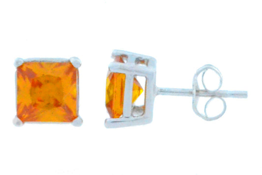 2 Ct Citrine Princess Cut Stud Earrings .925 Sterling Silver