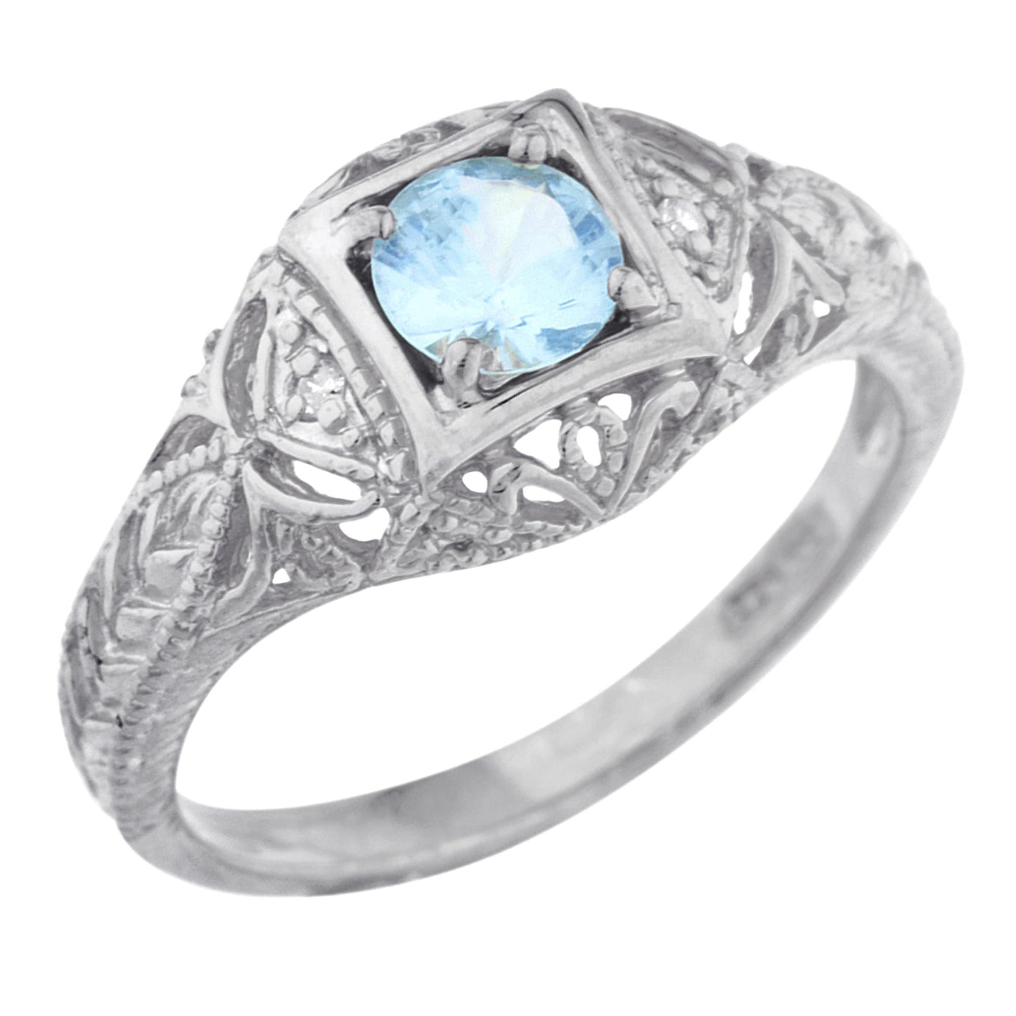 14Kt Gold Blue Topaz & Diamond Design Round Ring