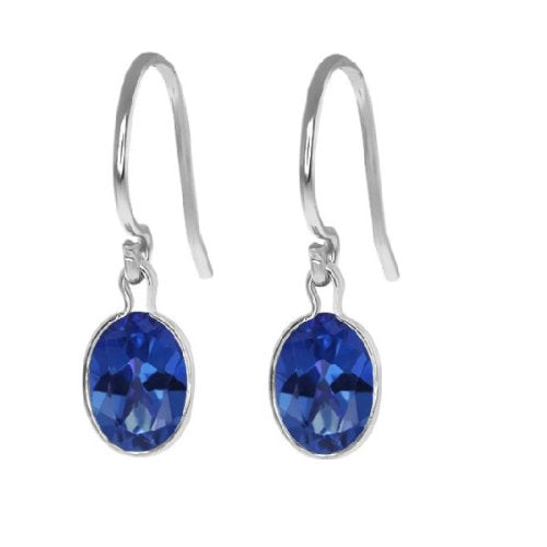 2 Ct Blue Sapphire Oval Bezel Dangle Earrings .925 Sterling Silver