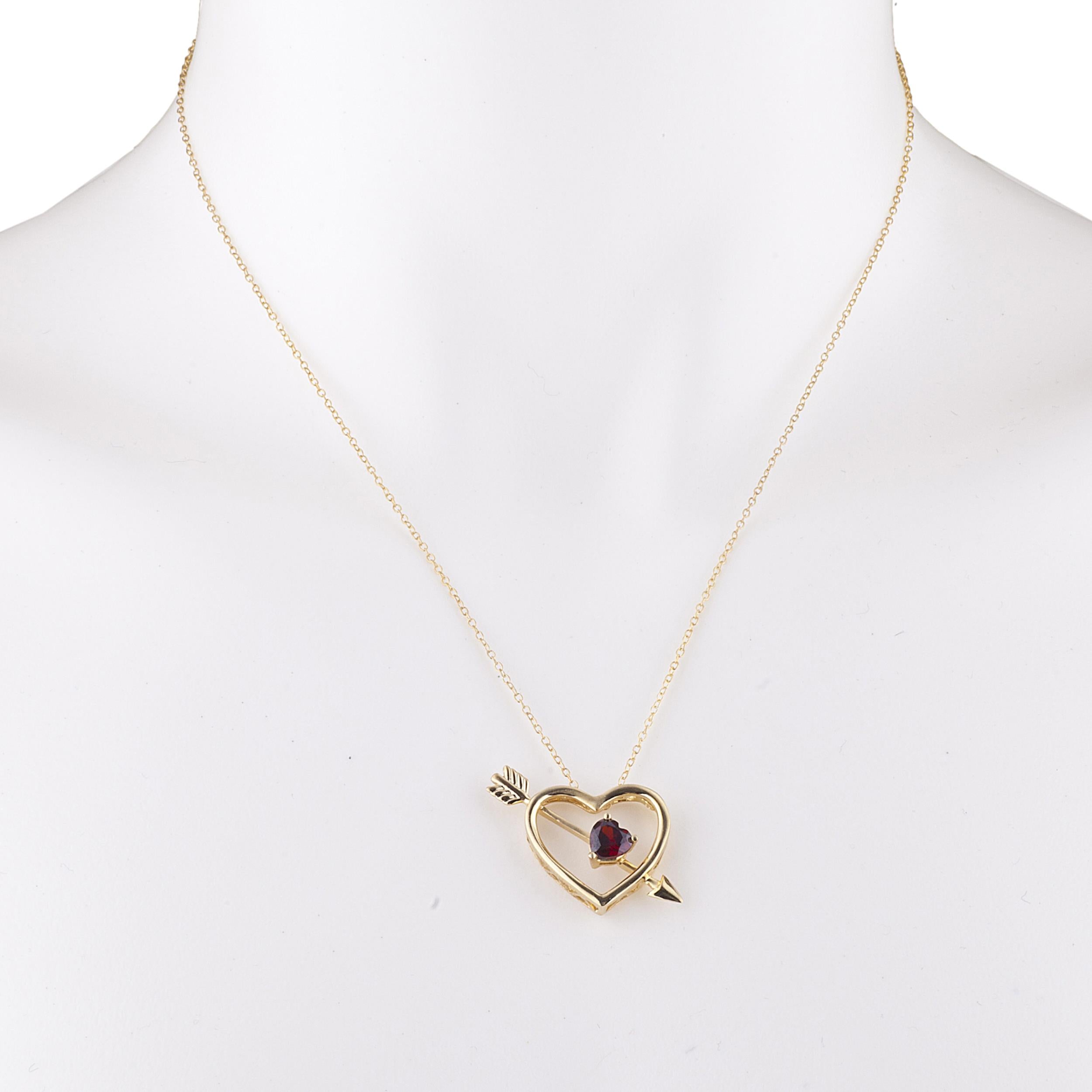 14Kt Gold Garnet Heart Bow & Arrow Pendant Necklace