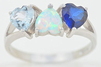 2 Ct Blue Sapphire Opal & Aquamarine Heart Ring .925 Sterling Silver Rhodium Finish