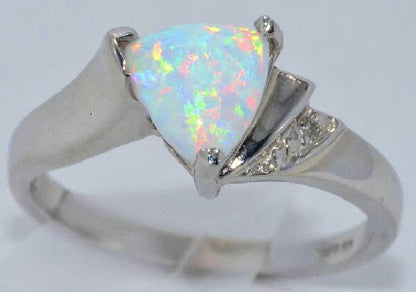 7mm Opal & Diamond Trillion Ring .925 Sterling Silver Rhodium Finish