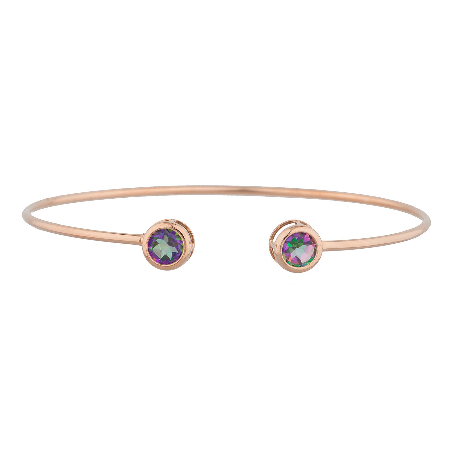 14Kt Rose Gold Plated Natural Mystic Topaz Round Bezel Bangle Bracelet