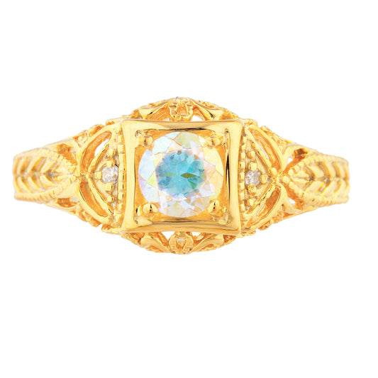 14Kt Gold Natural Mercury Mist Mystic Topaz & Diamond Design Round Ring