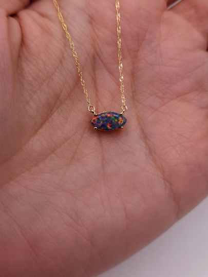 14Kt Gold Black Opal Marquise Pendant Necklace