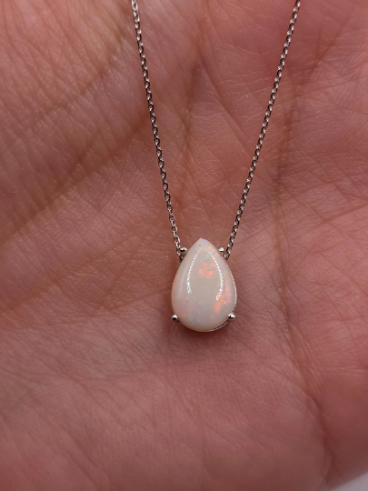 14Kt Gold Genuine Natural Opal Teardrop Pendant Necklace