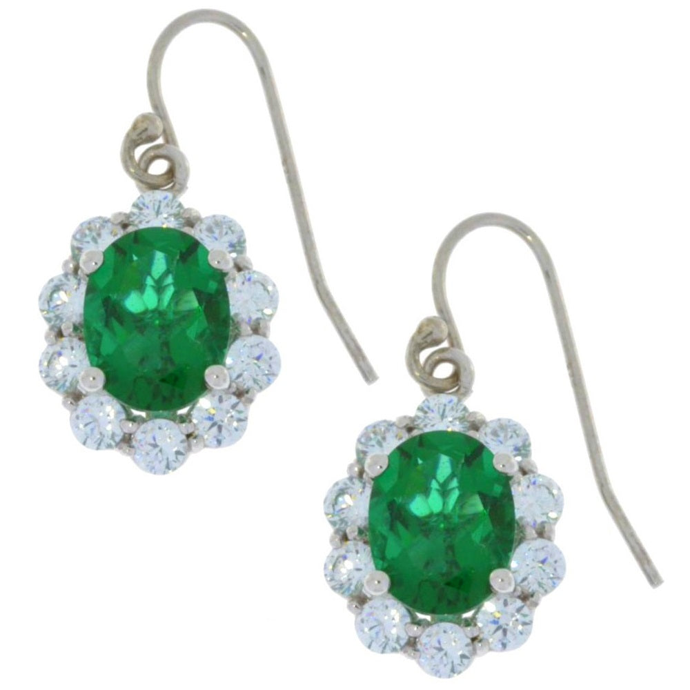 8 Ct Emerald & Zirconia Oval Dangle Earrings .925 Sterling Silver