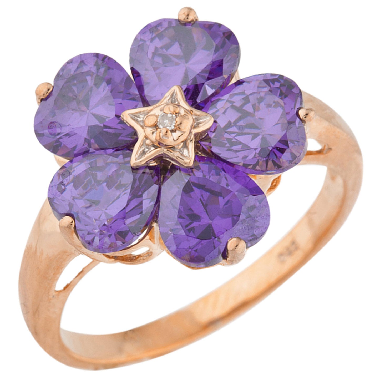 14Kt Gold Amethyst & Diamond Heart Flower Design Ring