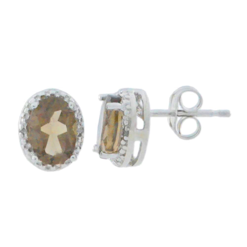 14Kt White Gold Genuine Smoky Quartz & Diamond Oval Stud Earrings