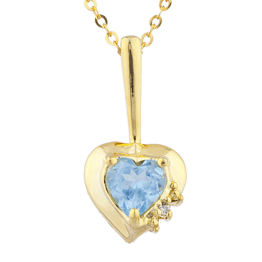 14Kt Gold Blue Topaz & Diamond Heart Design Pendant Necklace