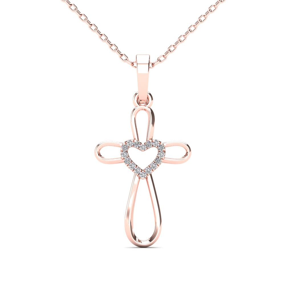 14Kt Rose Gold Genuine Natural Diamond Cross Heart Pendant Necklace