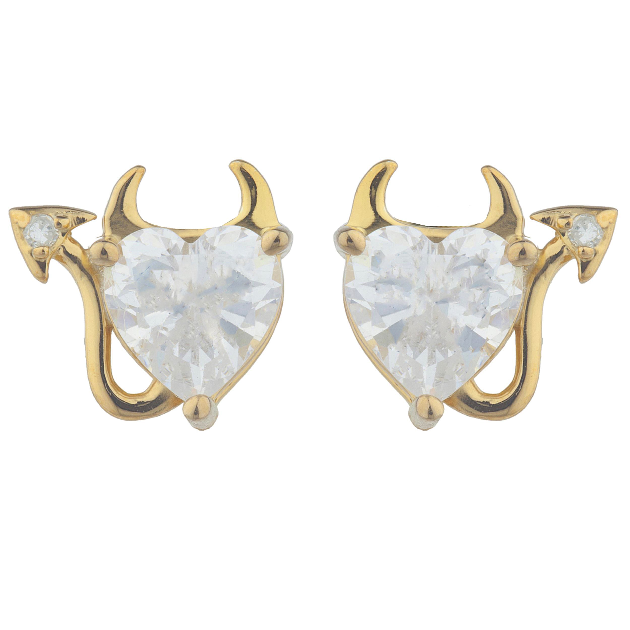14Kt Gold Zirconia & Diamond Devil Heart Stud Earrings