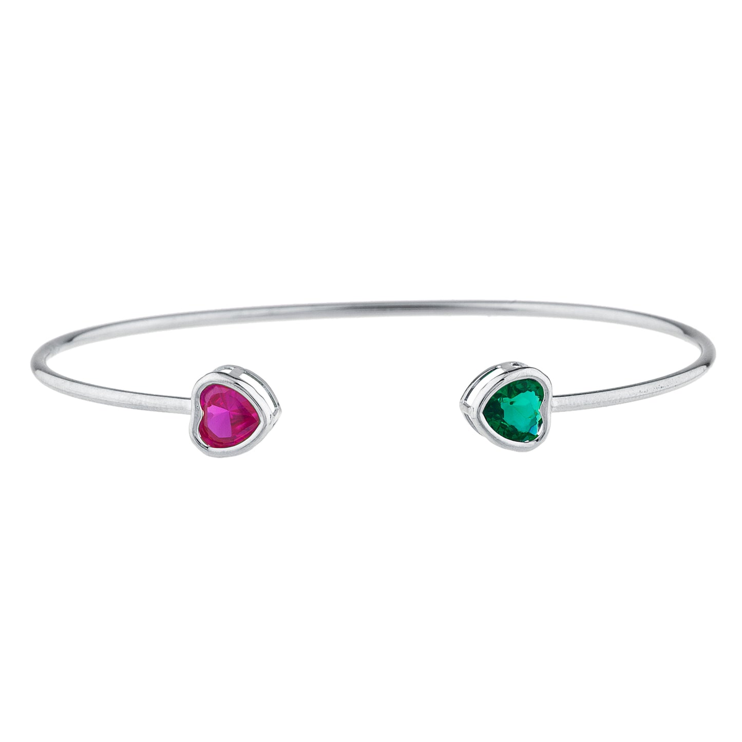 Created Ruby & Emerald Heart Bezel Bangle Bracelet .925 Sterling Silver