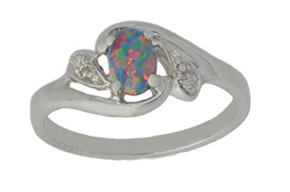 6x4mm Black Opal & Diamond Oval Ring .925 Sterling Silver Rhodium Finish