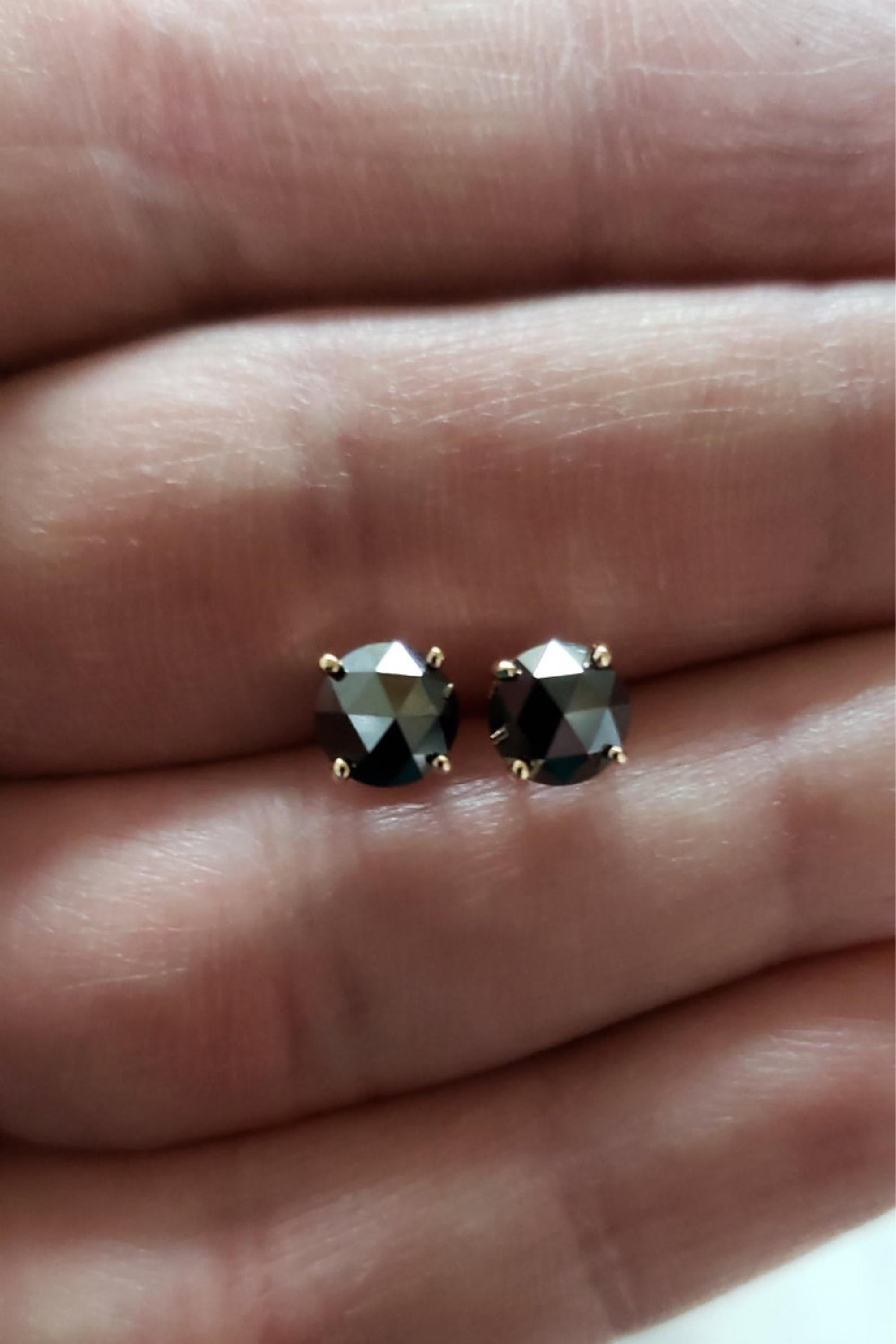 14Kt Gold 1.50 Ct Genuine Natural Rose Cut Black Diamond Round Stud Earrings