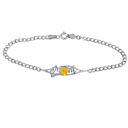 Orange Citrine & Diamond Heart Mom Bracelet .925 Sterling Silver