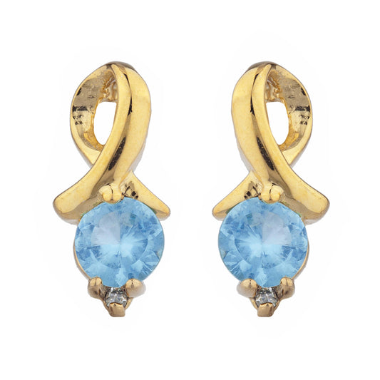 14Kt Yellow Gold Plated Blue Topaz & Diamond Round Design Stud Earrings