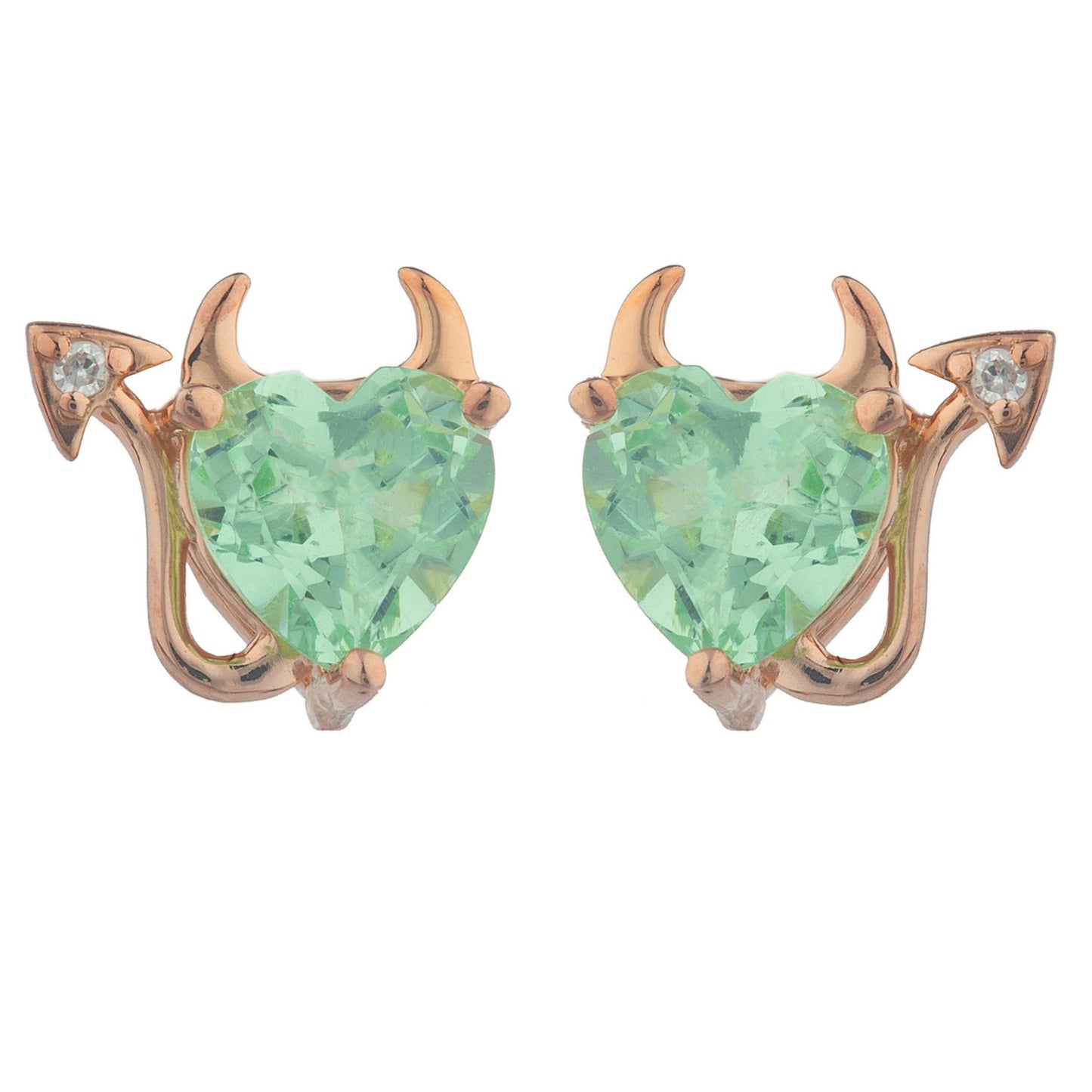 14Kt Gold Green Sapphire & Diamond Devil Heart Stud Earrings