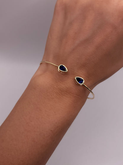 14Kt Gold Blue Sapphire Pear Bezel Bangle Bracelet