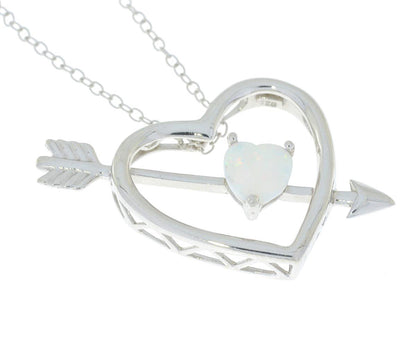 Opal Heart Bow & Arrow Pendant .925 Sterling Silver Rhodium Finish