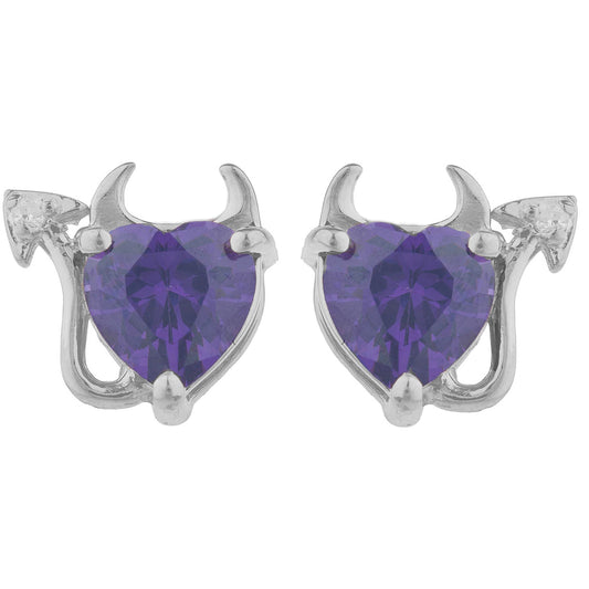 Amethyst & Diamond Devil Heart Stud Earrings 14Kt White Gold