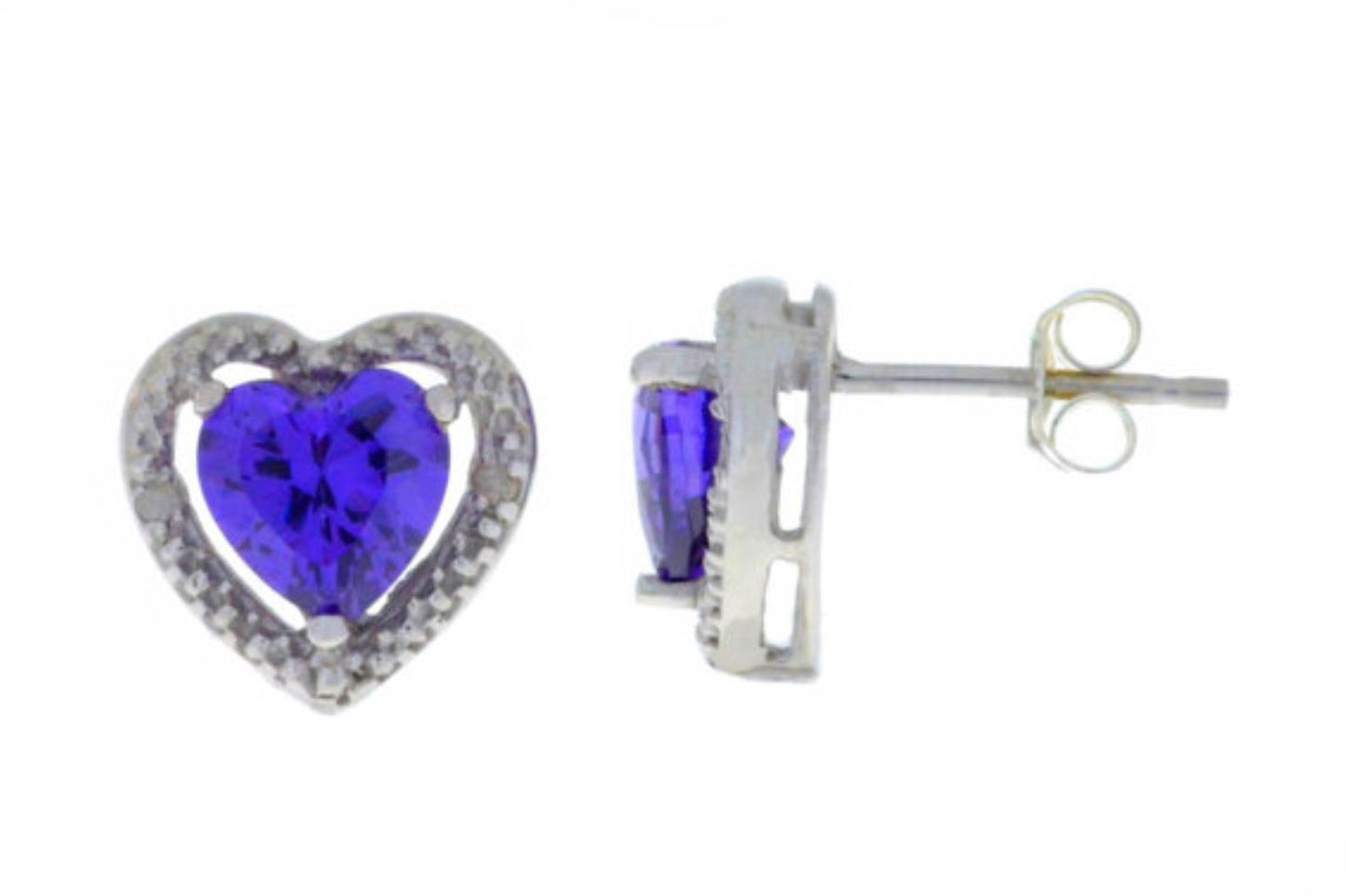 Amethyst & Diamond Heart Stud Earrings .925 Sterling Silver