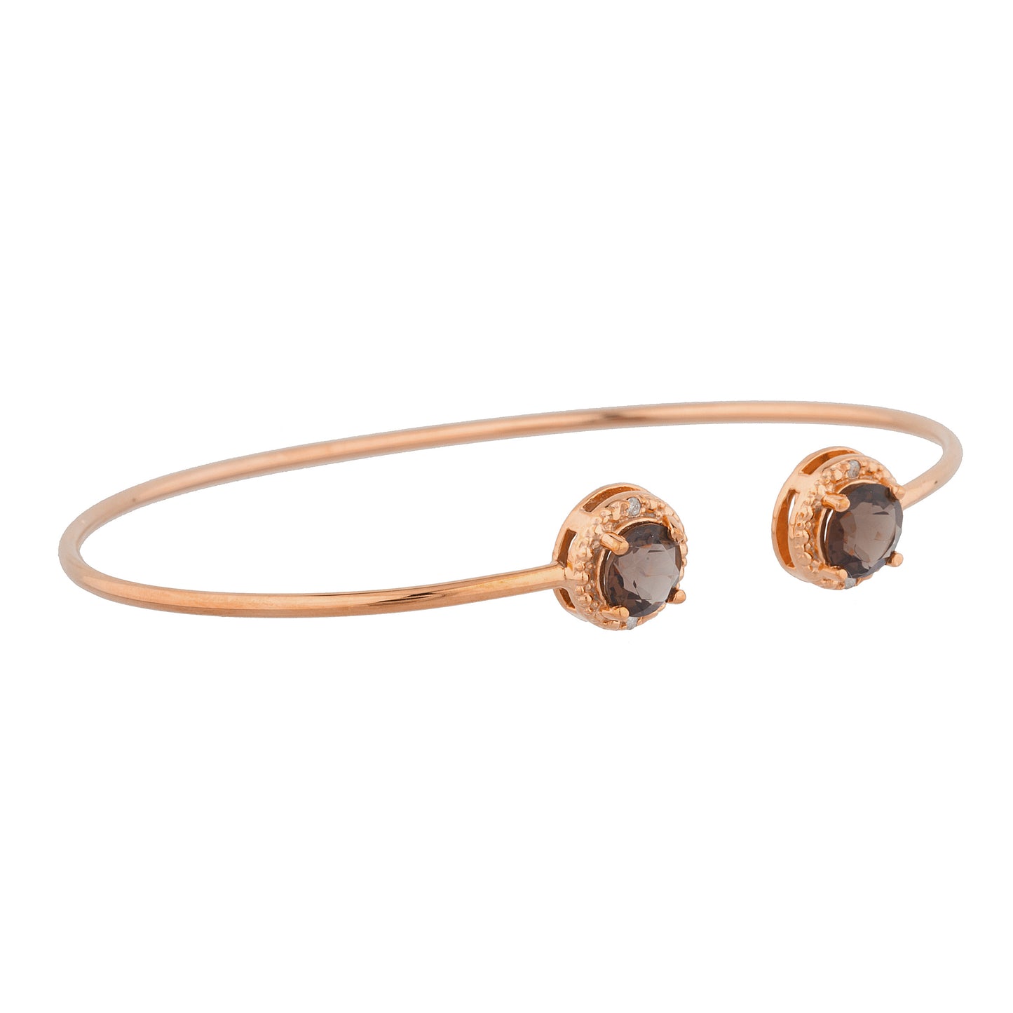 14Kt Rose Gold Plated Genuine Smoky Topaz & Diamond Round Bangle Bracelet