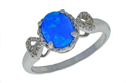 8x6mm Blue Opal & Diamond Oval Heart Ring .925 Sterling Silver Rhodium Finish