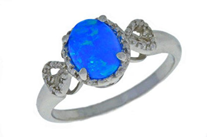 8x6mm Blue Opal & Diamond Oval Heart Ring .925 Sterling Silver Rhodium Finish