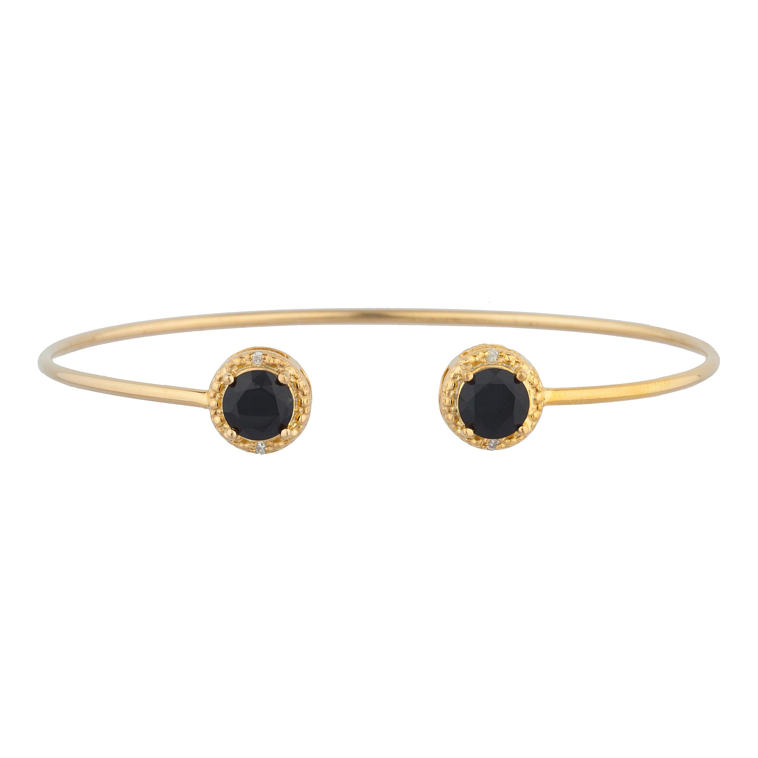 14Kt Gold Genuine Black Onyx & Diamond Round Bangle Bracelet