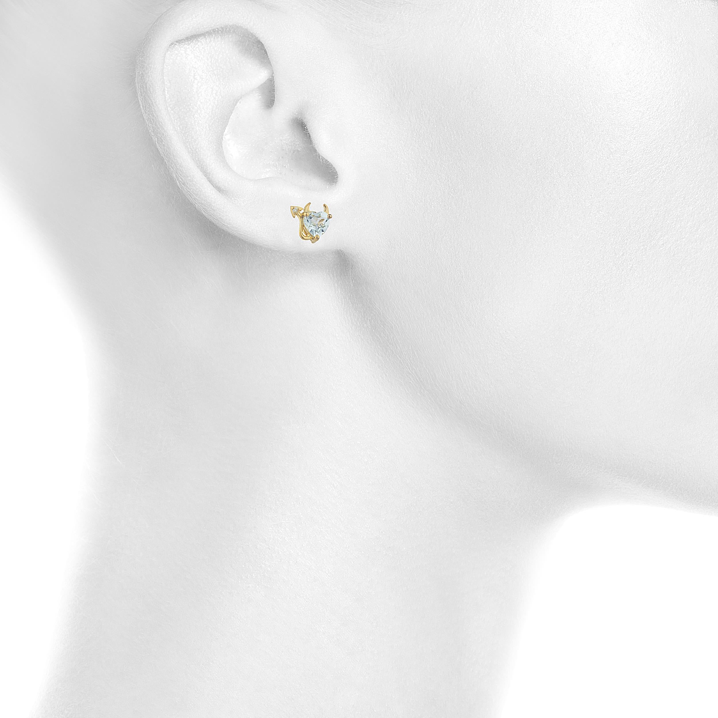 14Kt Gold Aquamarine & Diamond Devil Heart Stud Earrings