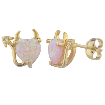 14Kt Gold Pink Opal & Diamond Devil Heart Stud Earrings