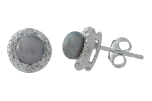 Natural Peacock Freshwater Pearl & Diamond Round Stud Earrings 14Kt White Gold