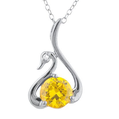 Yellow Citrine & Diamond Swan Pendant .925 Sterling Silver