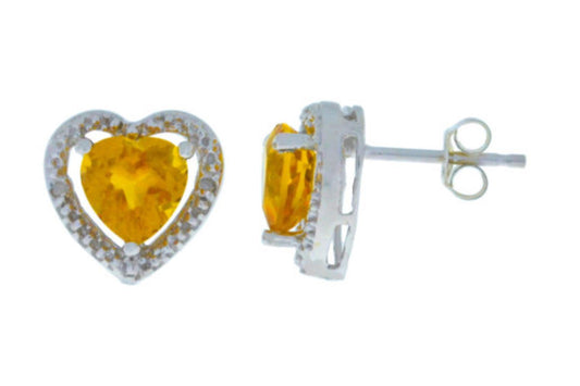 2 Ct Yellow Citrine & Diamond Heart Stud Earrings 14Kt White Gold