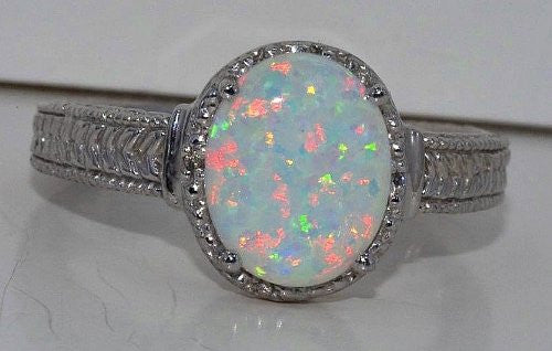 10x8mm Opal & Diamond Oval Ring .925 Sterling Silver Rhodium Finish